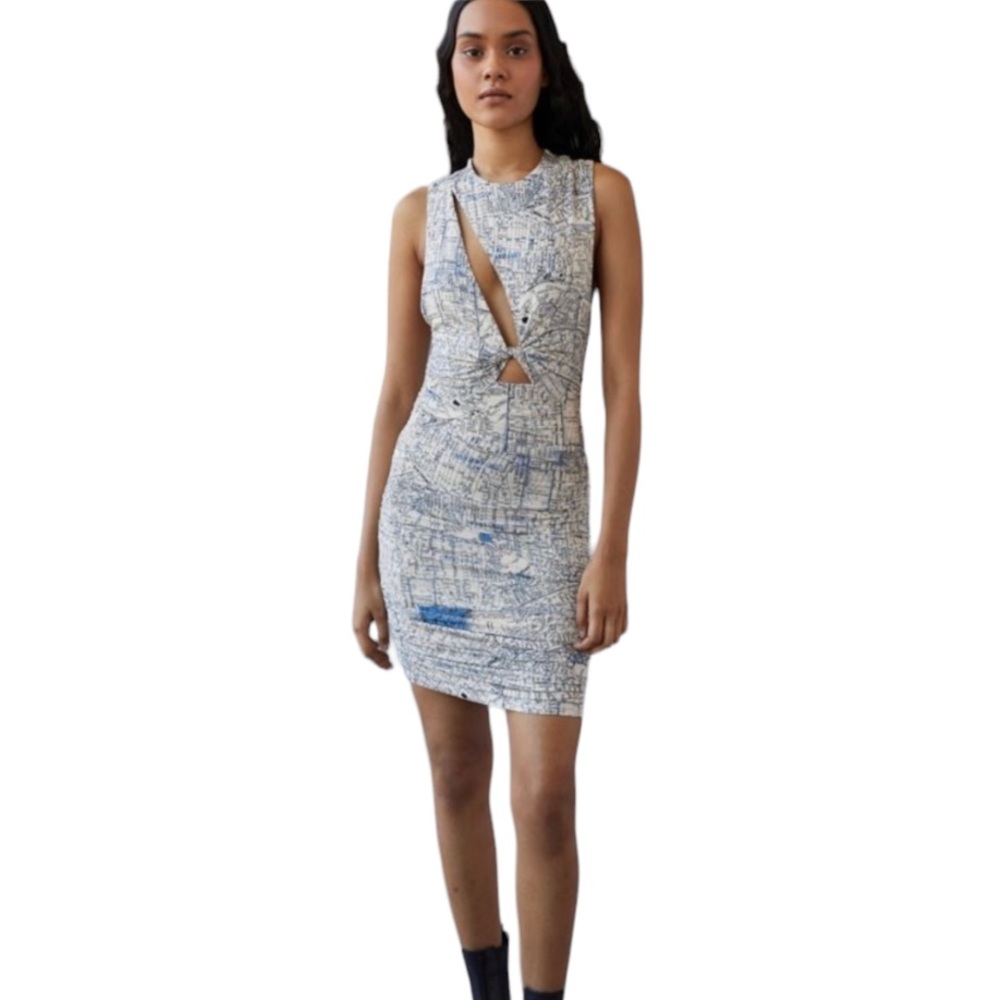 Urban Outfitters Amaya Printed Twist Front Bodycon Dress Map Print Size M